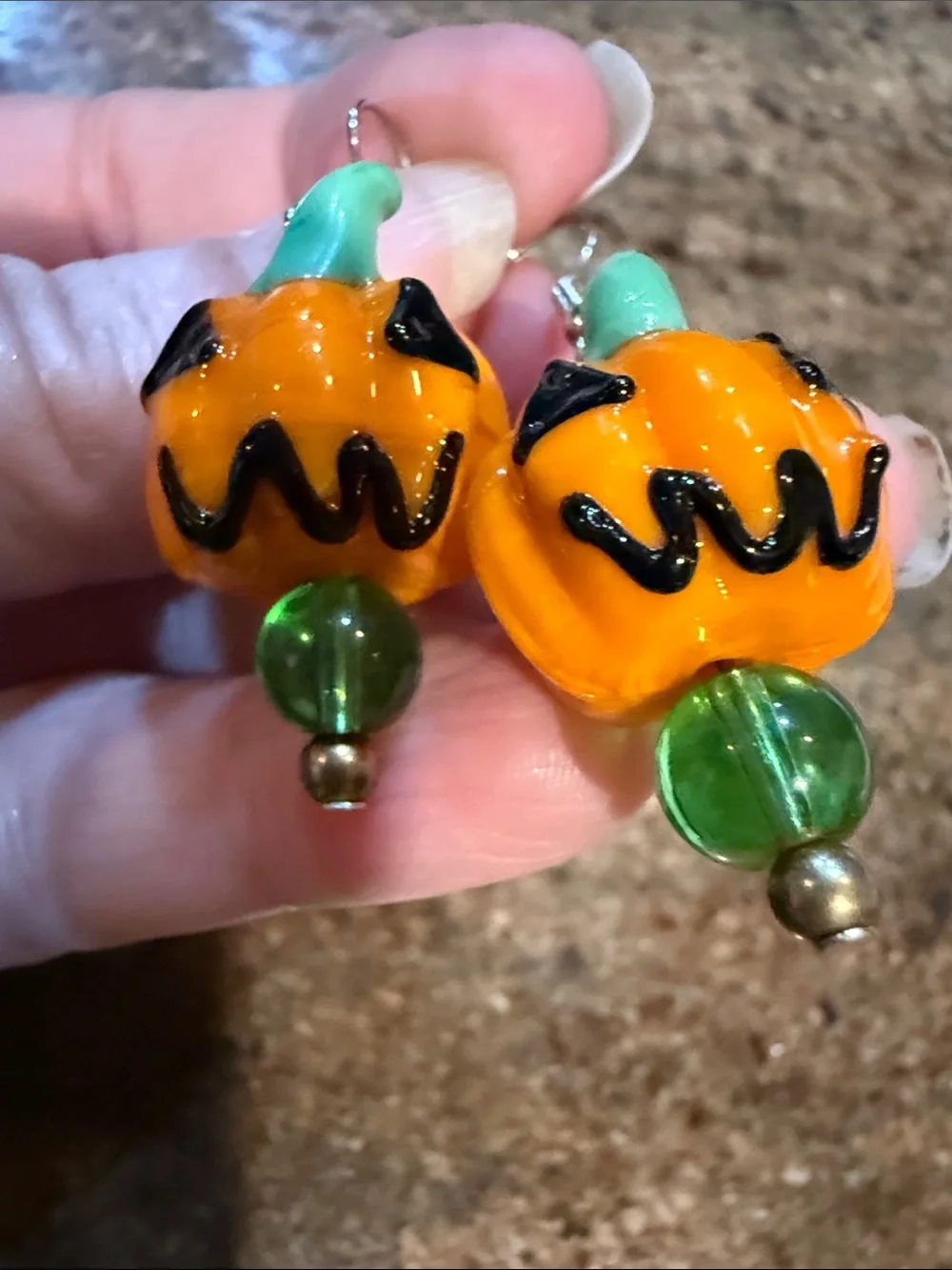 Halloween Pumpkin Dangle Glass Earrings - Orange & Green Kids Accessories